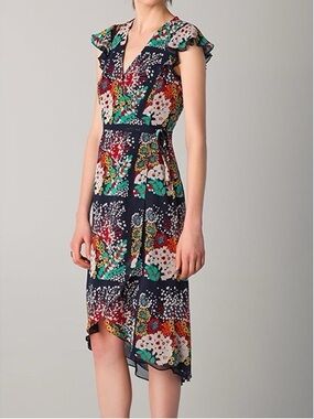 Nanette Lepore Gorgeous Ruffle Silk Wrap Navy Floral Dress - Size 8 - Like New